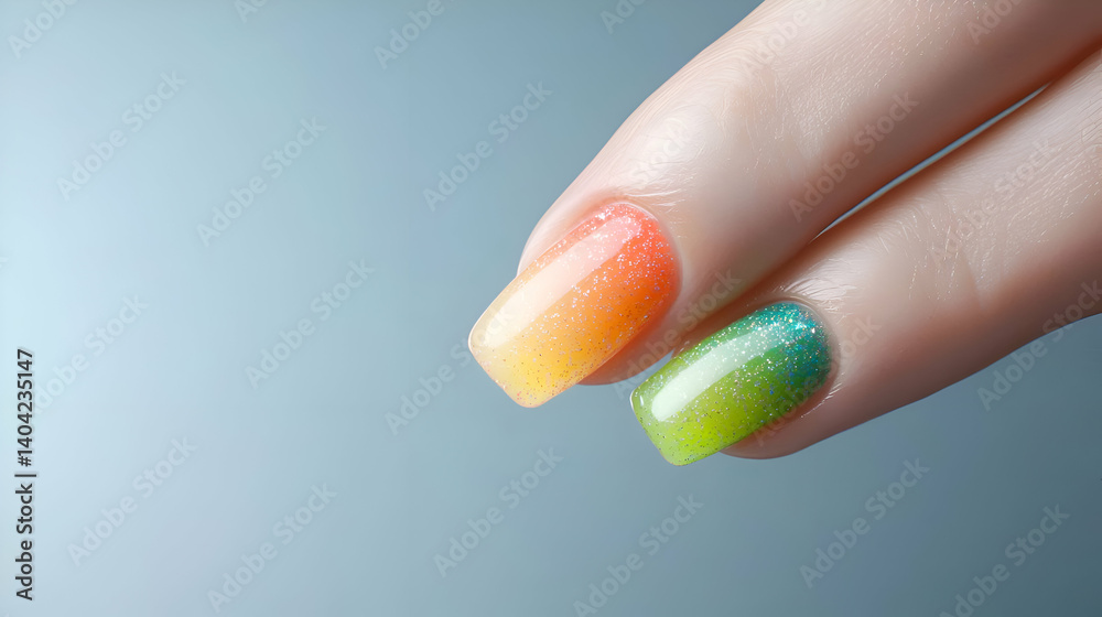Close Up of Woman's Hand with Rainbow Ombre and Glitter Nail Polish