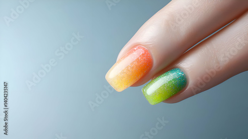 Close Up of Woman's Hand with Rainbow Ombre and Glitter Nail Polish