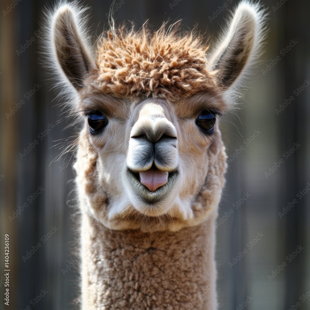 Fototapeta premium Close-Up Portrait of a Cheerful Alpaca with Textured Fur and Cute Face