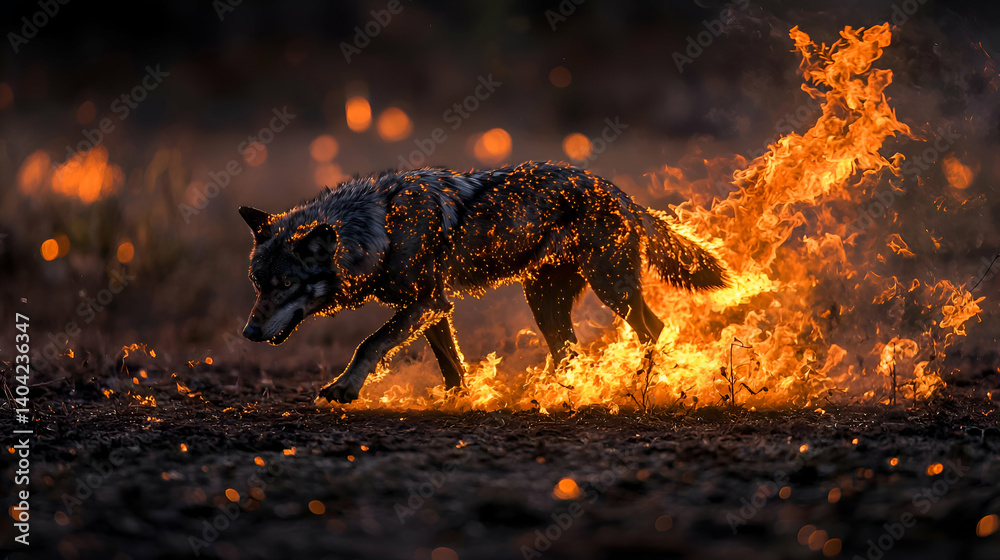 Fiery Wolf in a Dark Forest at Night
