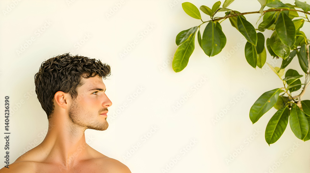 Profile of a Young Man with Curly Brown Hair Against White Background and Lush Green Leaves