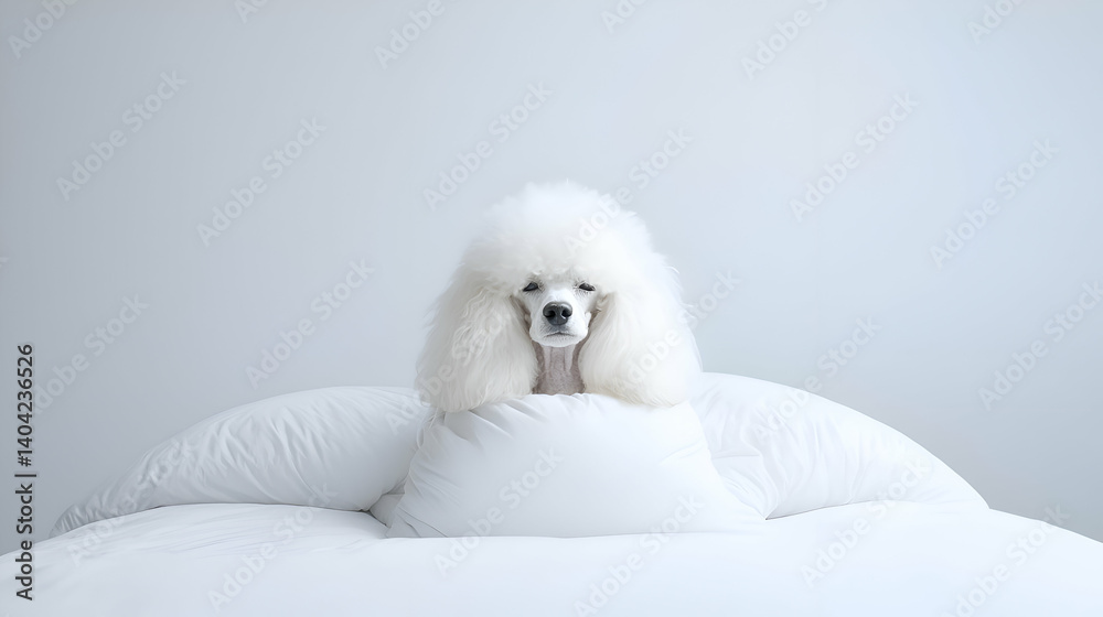 Fluffy White Poodle in White Bedding