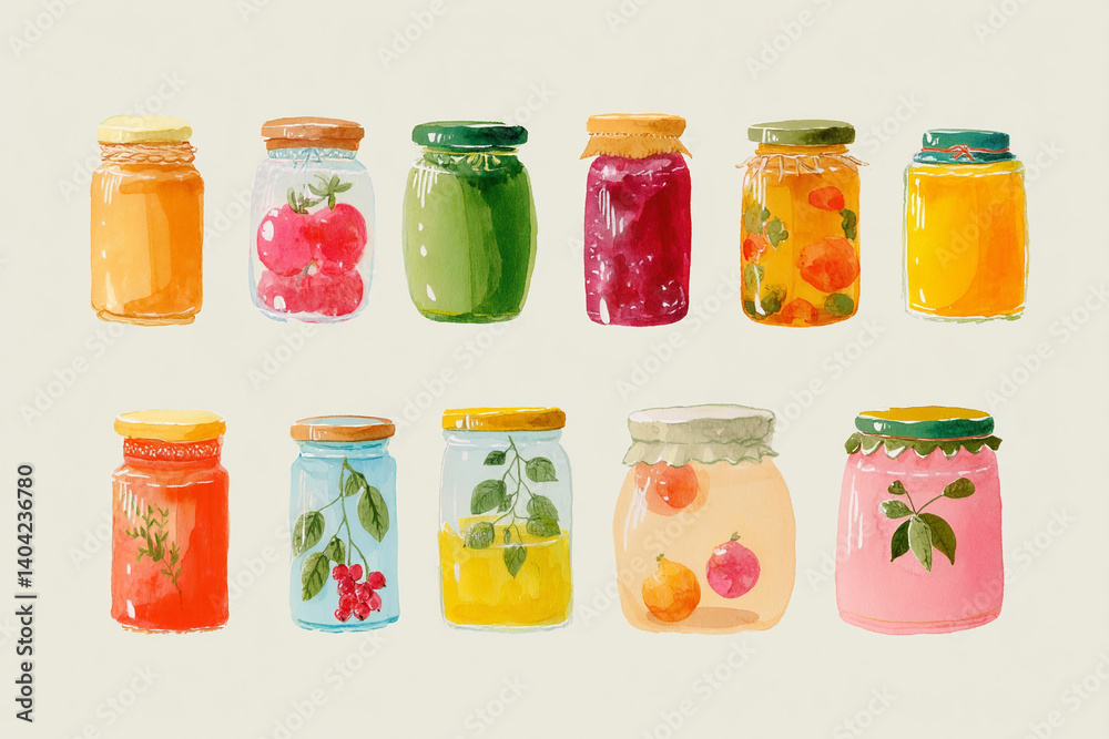 Colorful set of fruit jam jars in hand-drawn style Colorful set of fruit jam jars in hand-drawn style