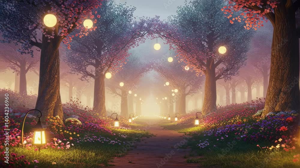 Mystical forest clearing lit with floating lanterns and soft light Mystical forest clearing lit with floating lanterns and soft light