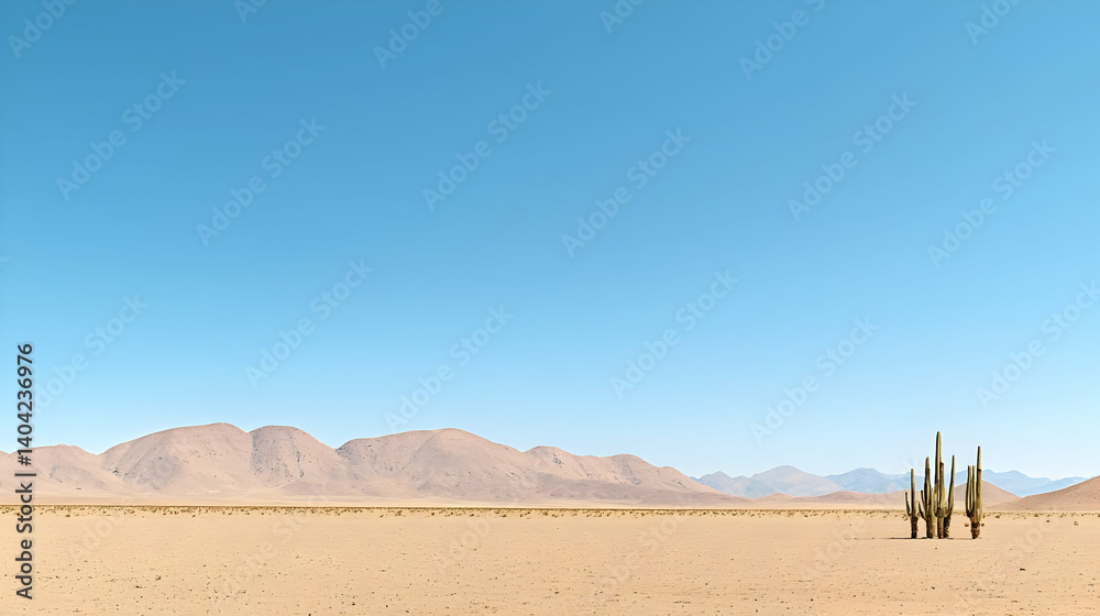 Desert Landscape With Cacti And Mountains
