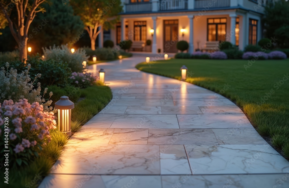 Fototapeta premium Luxury mansion backyard with marble tile pathway illuminated by warm lights at dusk. Rich green lawn, flowerbeds, trees creates inviting evening atmosphere. Modern home, exterior design, garden