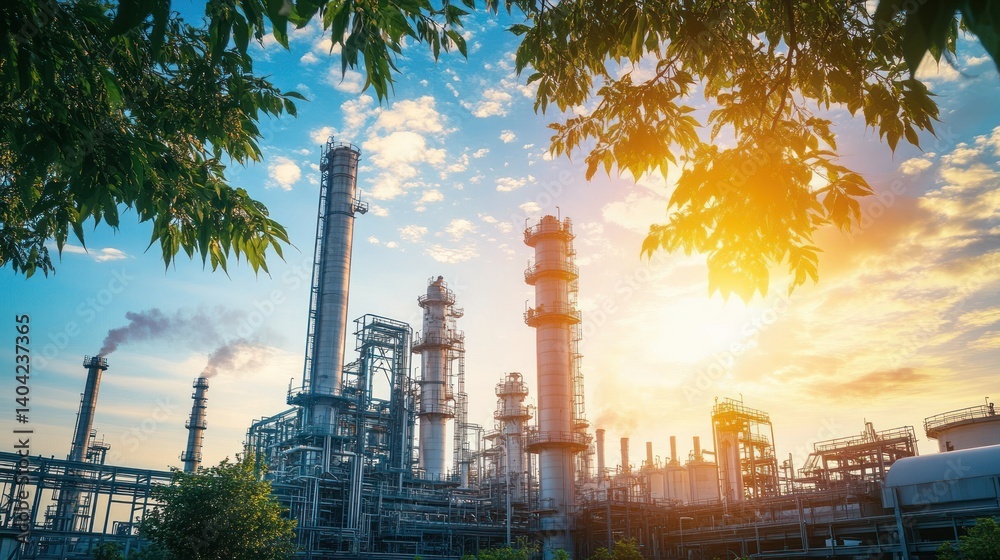 Obraz premium an expansive petrochemical complex emerges beneath a vibrant sky at dusk with a complex array of structures contrasting against the golden light and natural elements