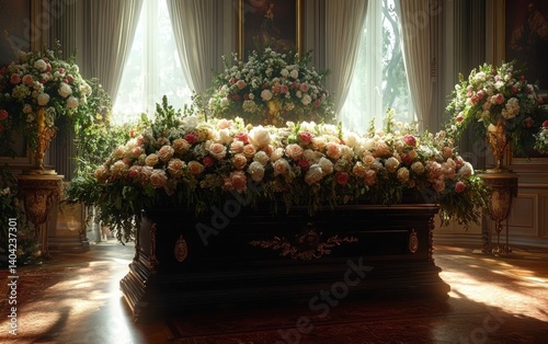 Baroque Funeral Service with Elegantly Decorated Coffin and Floral Arrangements