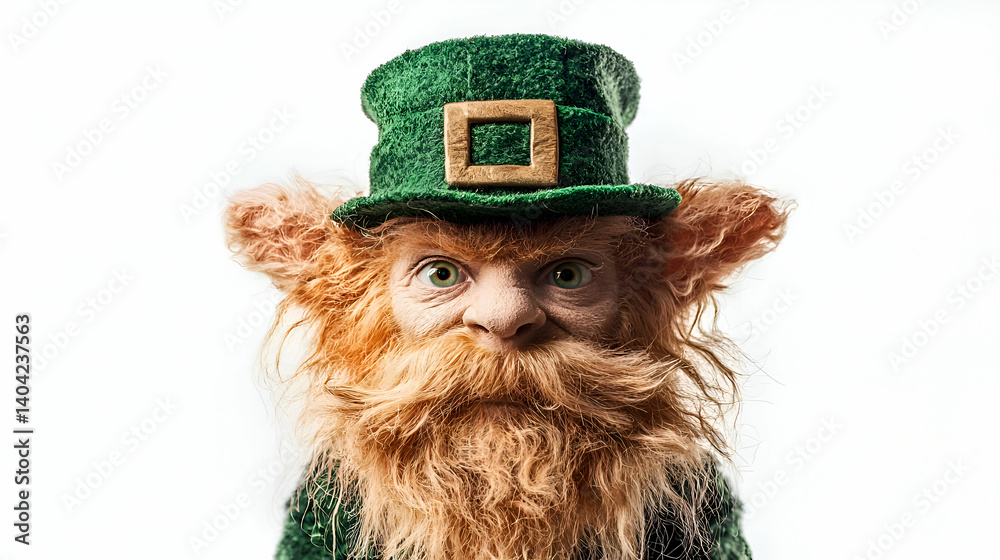Close Up Portrait of a Whimsical Ginger Leprechaun in a Green Hat Against a White Background
