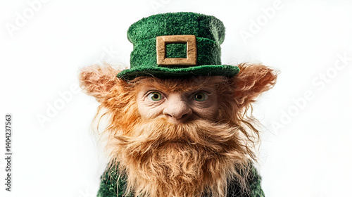 Obraz na płótnie Close Up Portrait of a Whimsical Ginger Leprechaun in a Green Hat Against a White Background w salonie