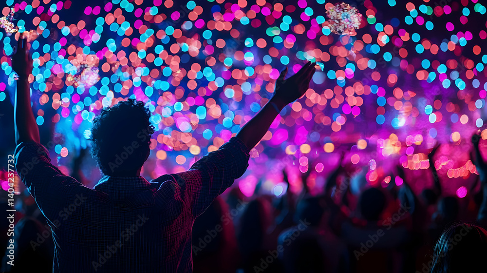 Excited Crowd Celebrating At Night Event With Colorful Lights