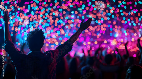 Obraz na płótnie Excited Crowd Celebrating At Night Event With Colorful Lights w salonie