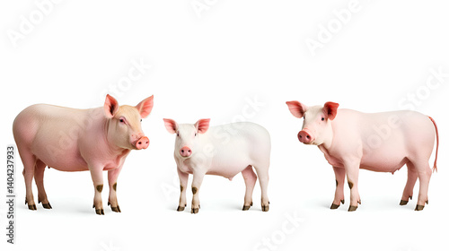Obraz na płótnie Three Pink and White Pigs on White Background w salonie
