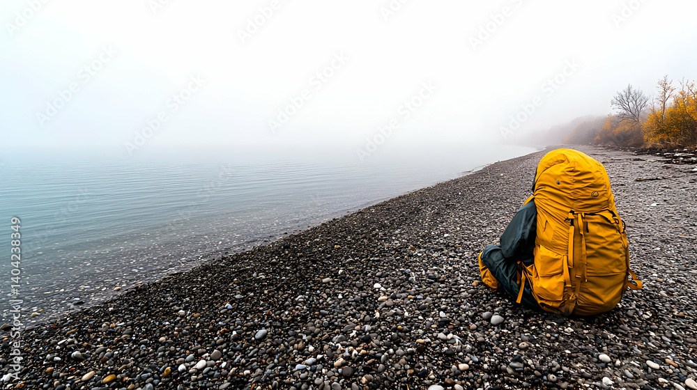 Hiker With Backpack Sitting On Rocky Shore In Misty Landscape
