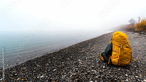 Obraz na płótnie Hiker With Backpack Sitting On Rocky Shore In Misty Landscape w salonie