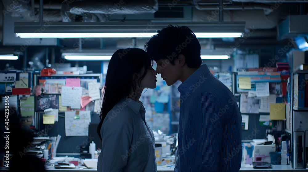 Silhouetted Couple Sharing an Intimate Moment in a Dark Office