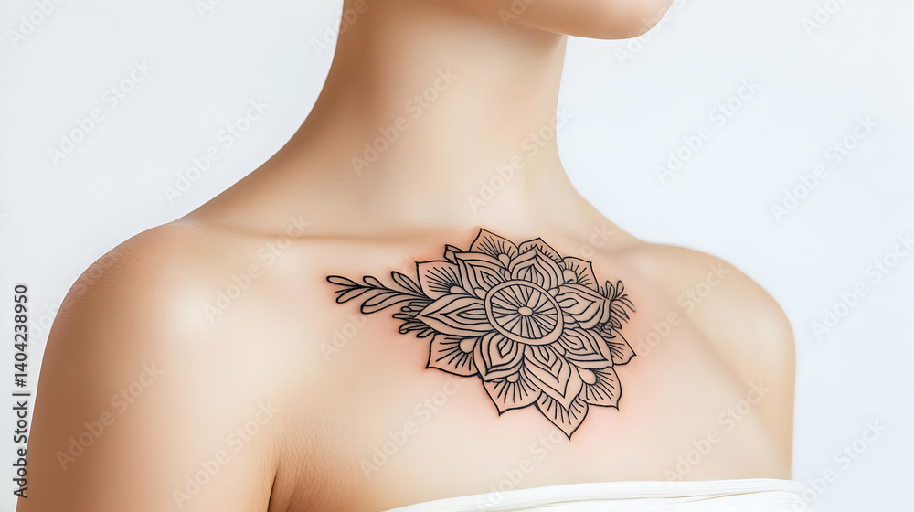 Woman Chest Tattoo Design With Black Ink