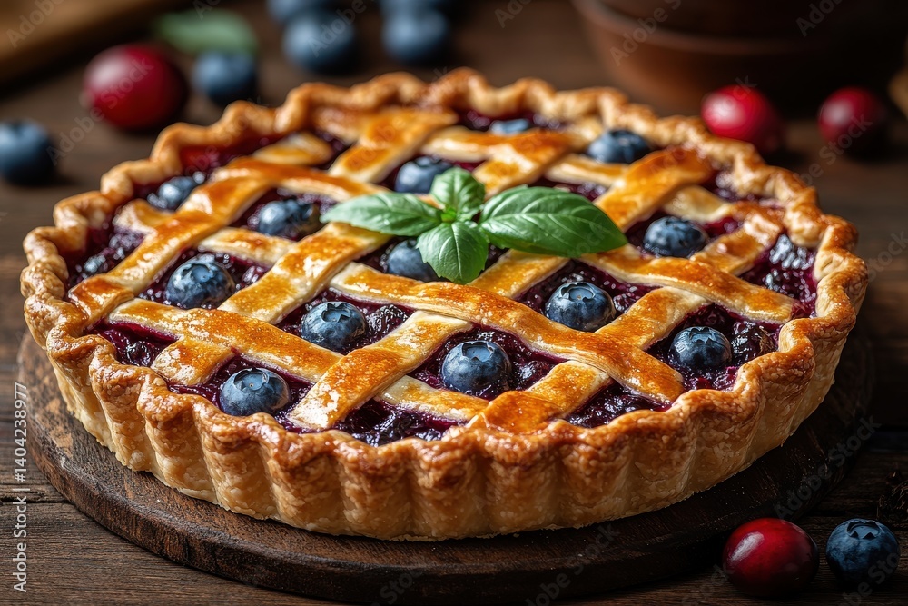 Delicious homemade berry pie with a golden lattice crust on a rustic wooden table Delicious homemade berry pie with a golden lattice crust on a rustic wooden table