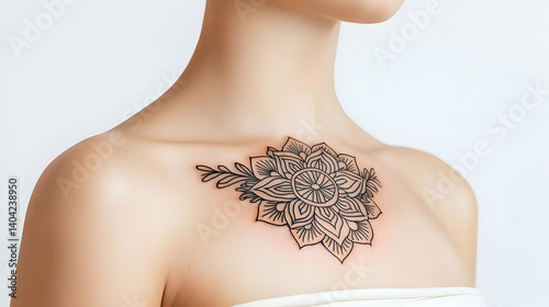 Obraz na płótnie Woman Chest Tattoo Design With Black Ink w salonie