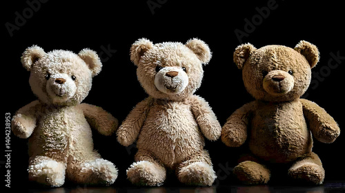 Obraz na płótnie Three Teddy Bears In Different Shades On Dark Background w salonie
