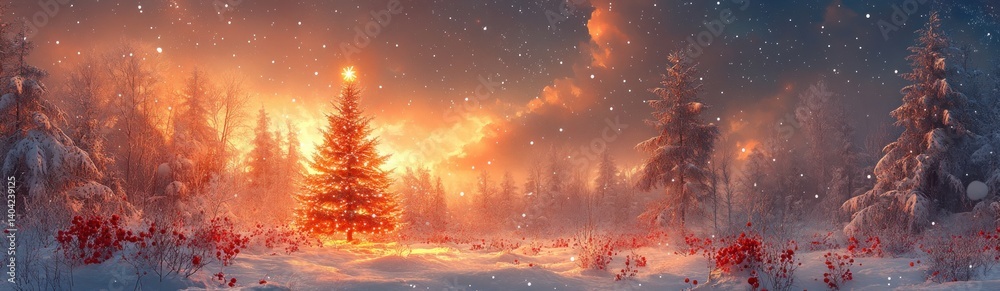 Naklejka premium Glowing Christmas Tree with Red Berries and Snowy Winter Night Sky