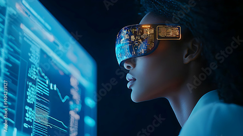 Focused Woman Wearing VR Headset Viewing Digital Interface