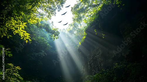 Obraz na płótnie Sunlight Streaming Through Lush Green Forest Canopy With Bats in Flight w salonie