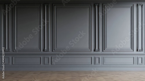Sophisticated dark gray wall paneling and herringbone wood floor create elegant space