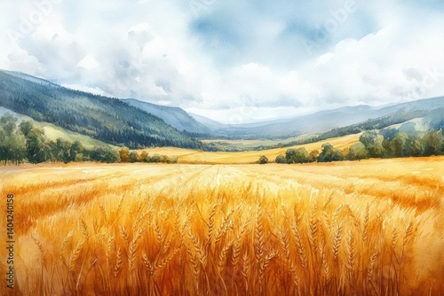 Golden wheat field stretches to a distant mountain range under a partly cloudy sky. Lush landscape painting