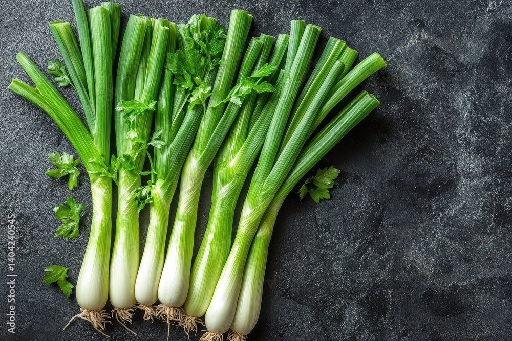 Obraz premium Fresh green onions arranged neatly on a dark stone surface with herbs in the background