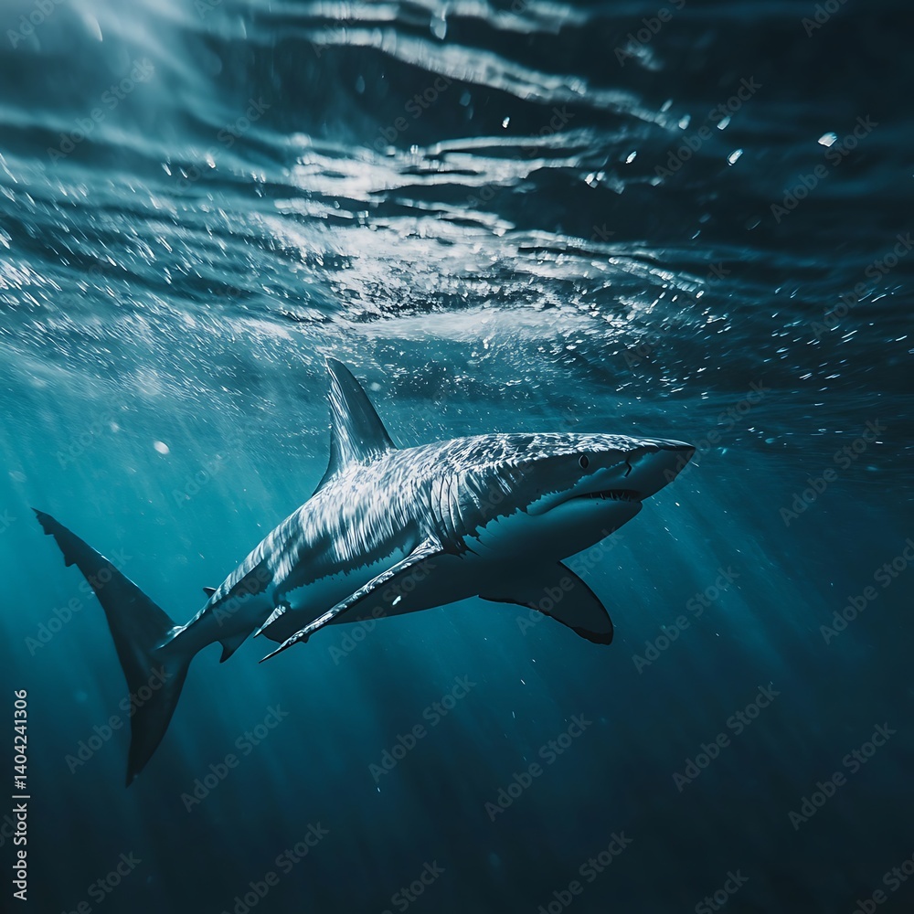 Naklejka premium Stunning shark captured swimming through underwater with glowing sunlight high resolution image