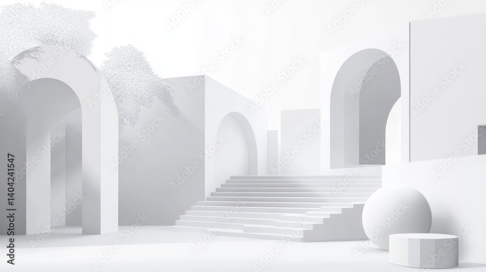 White architectural display podiums, archways, stairs, background, product presentation White architectural display podiums, archways, stairs, background, product presentation