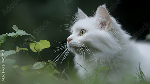 White Fluffy Cat in Green Garden