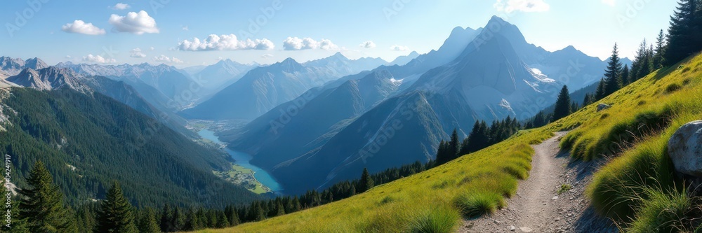 Obraz premium Breathtaking mountain vista, challenging trail, valley, sky