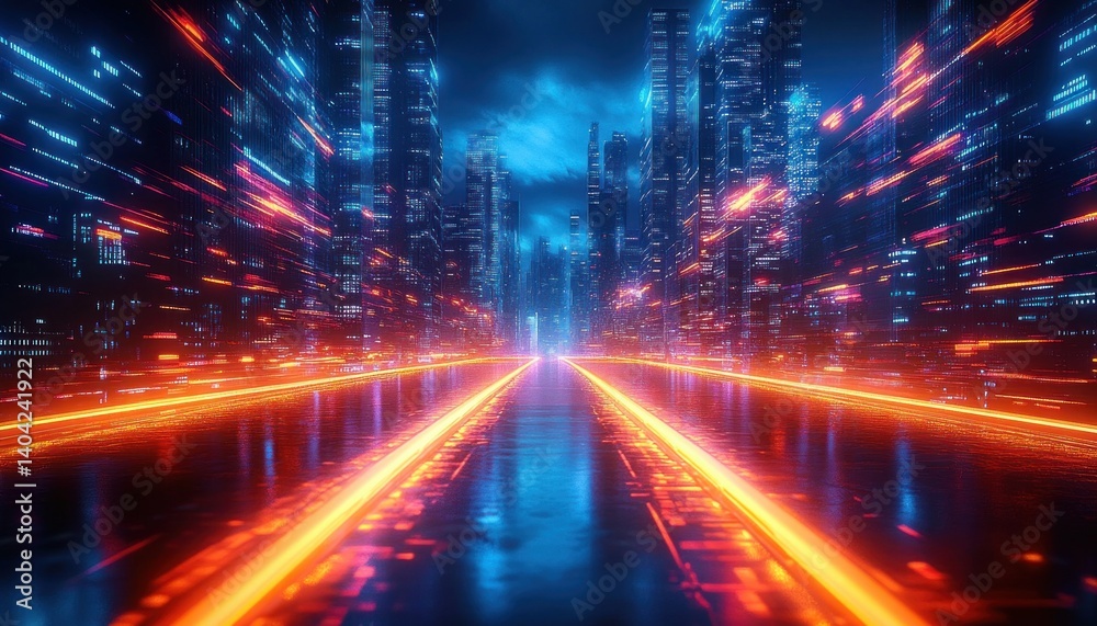 Glowing LED Cables and Fiber Optics in Cyberpunk Cityscape Glowing LED Cables and Fiber Optics in Cyberpunk Cityscape