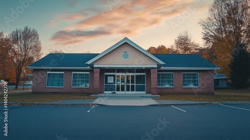 Suburban building at sunset with parking lot.