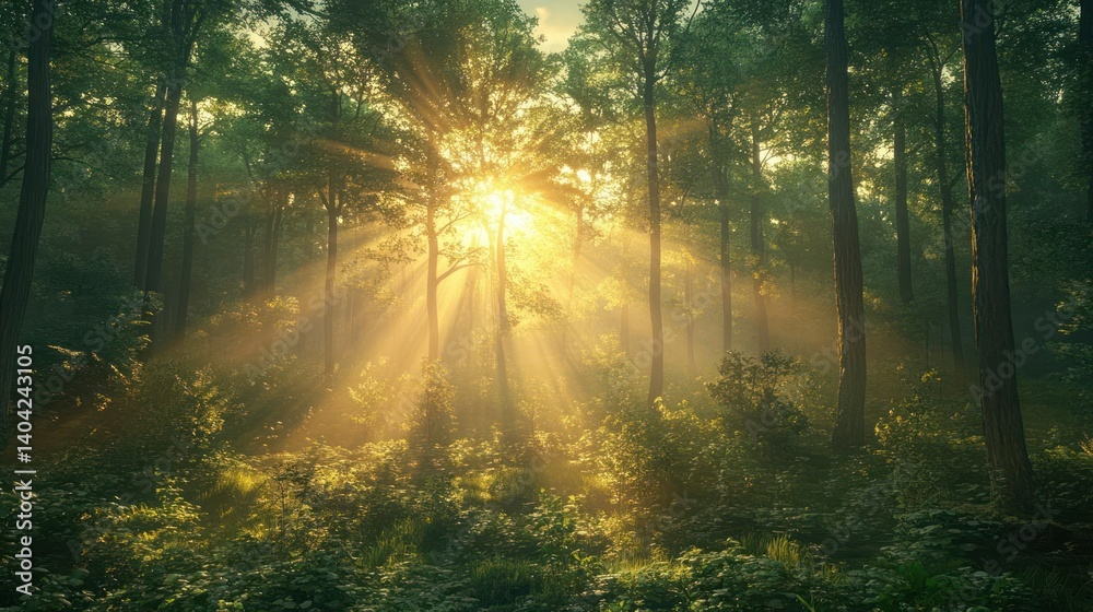 Fototapeta premium Sunlight streams through misty forest canopy