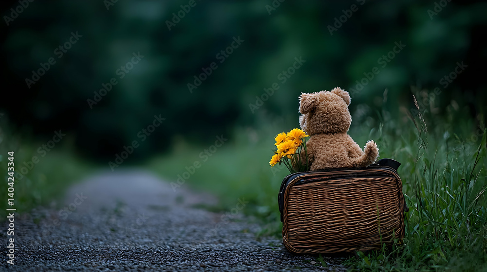 Teddy Bear With Flowers On A Path In Forest