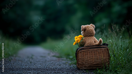 Obraz na płótnie Teddy Bear With Flowers On A Path In Forest w salonie