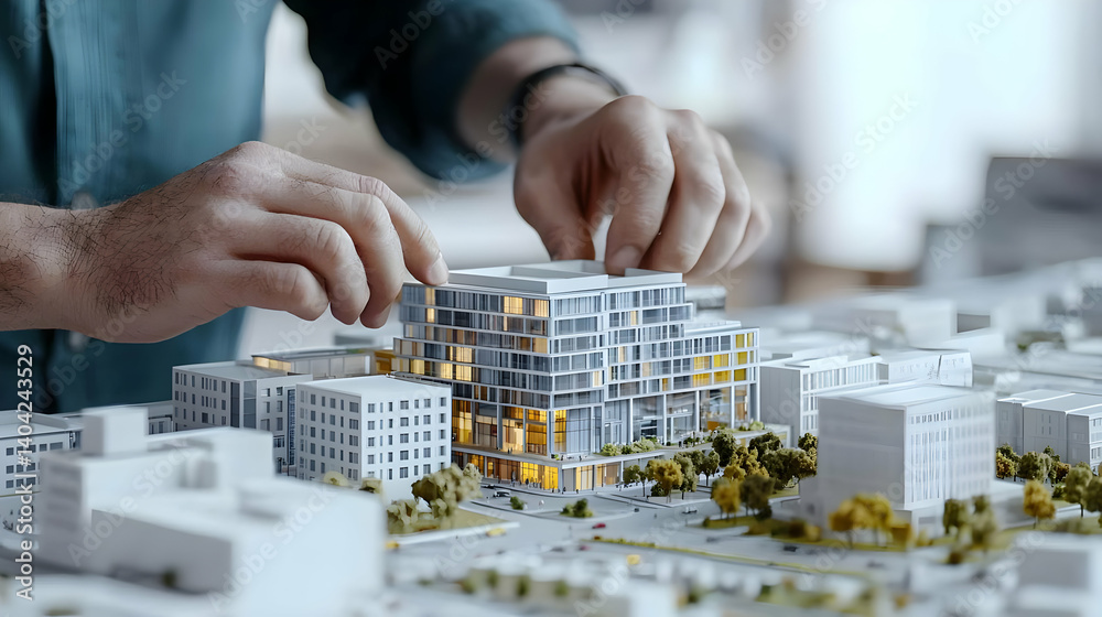 Architect's Hands Arranging Model Building On A Table With Detailed Cityscape