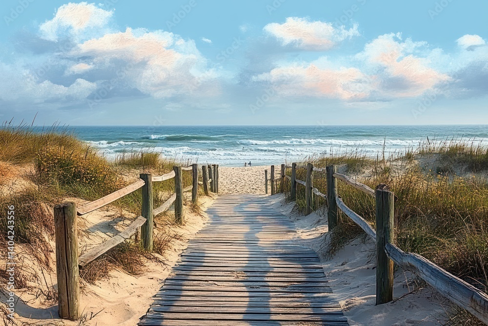 Fototapeta premium Serene Beach Boardwalk Morning Light Scene in Portugal