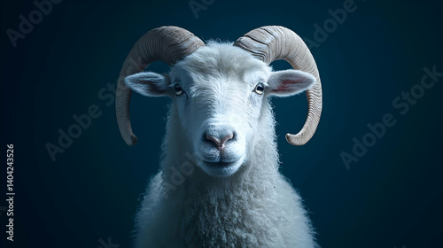 Frontal Portrait of a White Ram with Curly Horns and Snowy Appearance on Blue Background