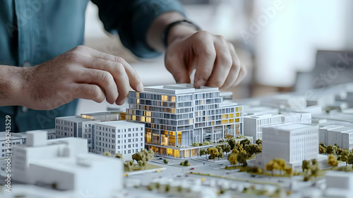 Architect's Hands Arranging Model Building On A Table With Detailed Cityscape