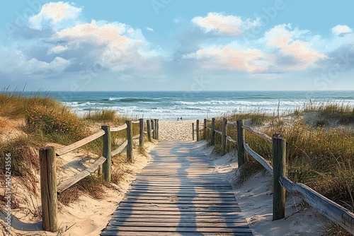 Serene Beach Boardwalk Morning Light Scene in Portugal