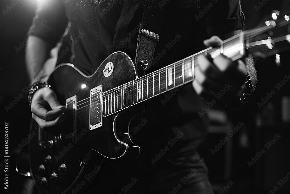 Obraz premium Musician Playing Electric Guitar in Black and White Dramatic Lighting