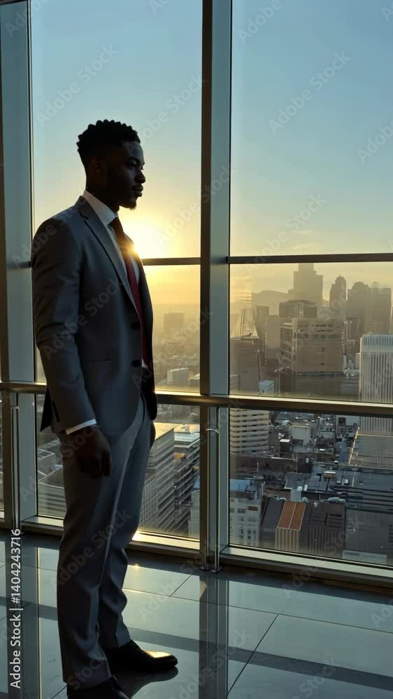 Focused professional stands at high-rise window contemplating urban skyline at sunset, wearing formal suit and tie, concept of ambition and success Focused professional stands at high-rise window contemplating urban skyline at sunset, wearing formal suit and tie, concept of ambition and success
