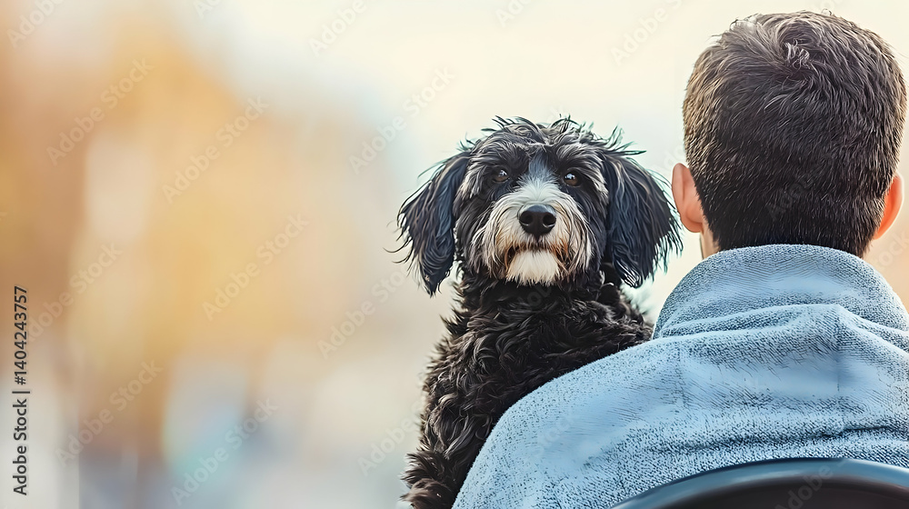 Man Holds Black And White Dog Over His Shoulder Outdoors In Warm Sunlight
