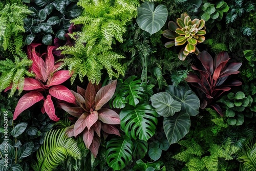 Tropical Vertical Garden Living Wall with Devil's Ivy Ferns Colorful Leaves and Exotic Foliage on Dark Background