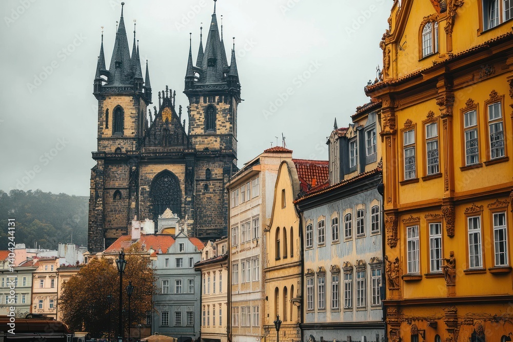 Fototapeta premium Gothic Cathedral and Colorful Baroque Buildings in Prague