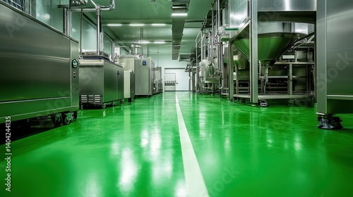 a meticulously maintained food processing facility featuring gleaming stainless steel equipment and a pristine green epoxy floor indicating rigorous hygiene standard